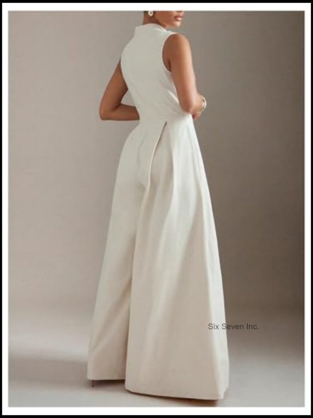 Zipper Front Wide Leg Jumpsuit Mock Neck Sleeveless Elegant Romper - Picture 2 of 5